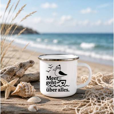 Meer geht über alles - Emaille Tasse Meer | Maritime Tasse mit Leuchtturm | Nordsee Ostsee Geschenk | Camping