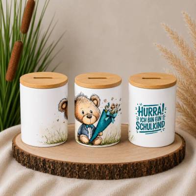 Spardose Keramik zur Einschulung | Geschenk für Schulkind | Hurra ich bin ein Schulkind | Sparschwein mit Kindermotiv