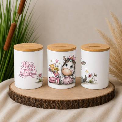 Spardose Keramik zur Einschulung | Geschenk für Schulkind | Einhorn | Sparschwein mit Kindermotiv