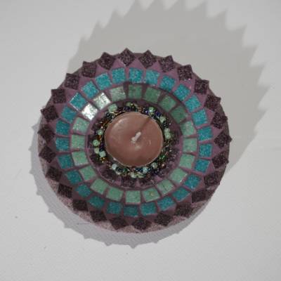 Handgemachter Glassmosaik-Teller mit Teelicht (Durchmesser ca. 13cm) 