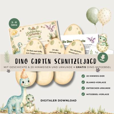 Dino Schnitzeljagd Kinder Outdoor Garten PDF | Schatzsuche Geburtstag | 21 Hinweise Rätsel Kindergeburtstag Druckvorlage