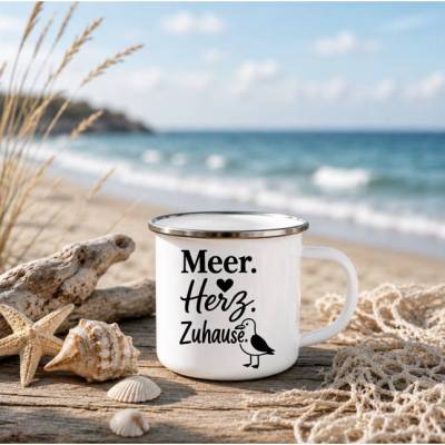 Meer. Herz. Zuhause. Möwe - Emaille Tasse Meer | Maritime Tasse mit Leuchtturm | Nordsee Ostsee Geschenk | Camping
