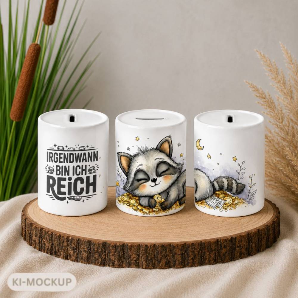 Spardose „Irgendwann bin ich reich“ mit Waschbär | Keramik Spardose