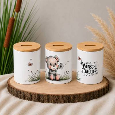 Spardose Keramik zur Einschulung | Geschenk für Schulkind | Wunscherfüller | Sparschwein mit Kindermotiv | Bär
