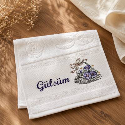 Personalisiertes Gästehandtuch 30 × 50 cm | Mit Wunschname & Blumenkorb-Stickerei | 100 % Baumwolle |Besticktes Handtuch