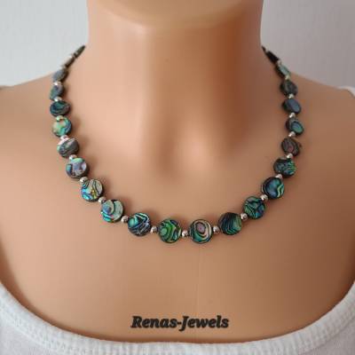 Abalone Paua Perlmutt Kette rund – Regenbogenfarben, 46 cm, 10 mm Perlen