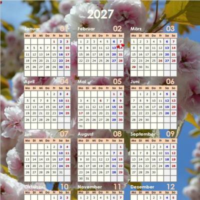 Jahreskalender 2027 Japanische Kirschblüten – 13-seitig, Hochformat PDF – DIN A4 zum Ausdrucken 
