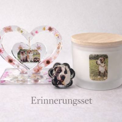 Tier Erinnerungsset personalisiert mit Foto  Gedenkstätte Resin Herz, Pfotenabdruck & Kerze