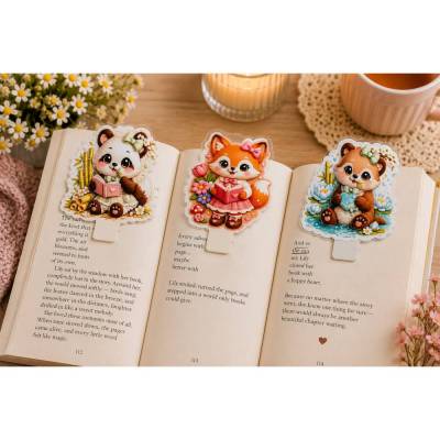 3er Set Magnetische Lesezeichen Kawaii Tiere – Panda Fuchs Bär – Handgemacht & Laminiert – Geschenk für Leser