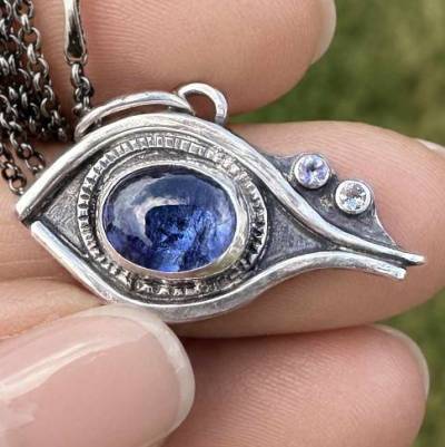 Evil Eye Silber Augen Anhänger, Tansanit, Brilliant Halskette, Silberkette, Schutzamulett, Böse Blicke, Auge der Fatima