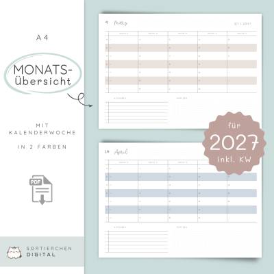 Monatsübersicht Wochenplanung 2027 A4 | Kalender mit Kalenderwochen zum Ausdrucken in 2 Farben | Jahresübersicht