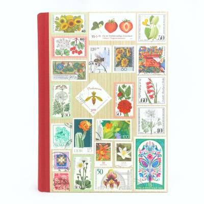 Notizbuch, Blüten, Pflanzen, DIN A5, 280 Seiten, rot, Briefmarken, Upcycling, Blumen