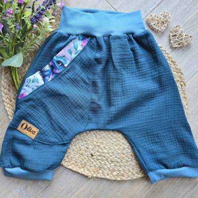 Musselin Pumphose Kurz Shorts Gr.122/128 Sommer – Kinder Unikat Blau Unisex Kinderkleidung Pants,Drachen