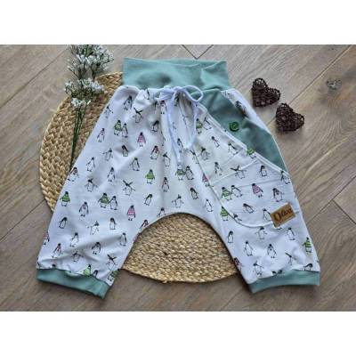 Kinder Sommer Pumphose Shorts Gr.128/134 Unisex – kurze Hose bunt | Leicht & luftig | Bio Jersey Unikat Pants Pinguin
