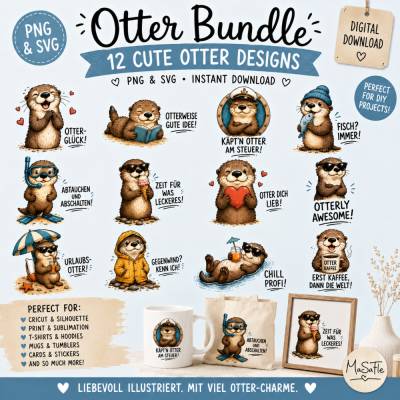 Otter Bundle SVG PNG | 12 lustige Otter Plotterdateien | Cute Otter SVG | Cricut Silhouette Laser Datei | Download