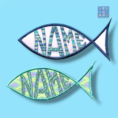 Fisch mit Wunschname auch als Anhänger (Stickapplikation), 12–20 cm, Patch, Anhänger, Aufnäher