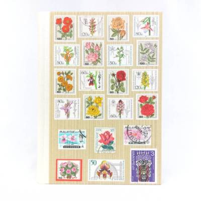 Notizbuch, Rosen, Orchideen, DIN A5, 280 Seiten, metallic perle, Briefmarken Upcycling