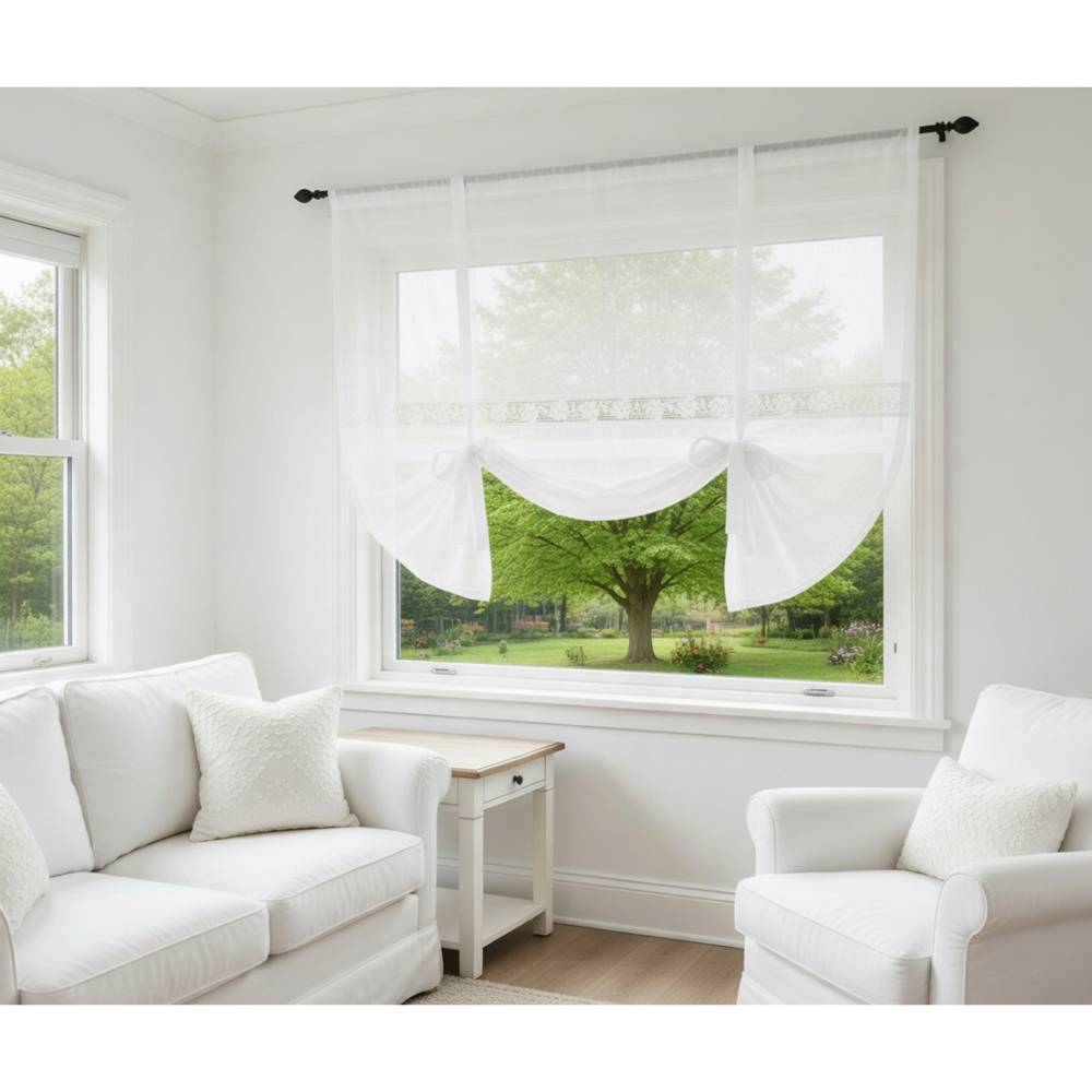 Raffgardine weiß Leinenmischung Raffrollo Klassisch Elegant Schlicht Landhausstil Gardine halbtransparent mit Spitze