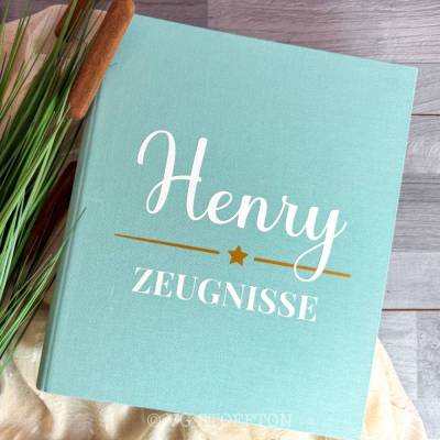 Personalisierte Zeugnismappe A4 zur Einschulung | Ordner mit Name | Schulkind | Zeugnisordner Leinen