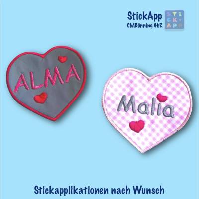 Herz mit Wunschname (Stickapplikation), 10cm, Patch, Aufnäher, Klettie auch reflektierend