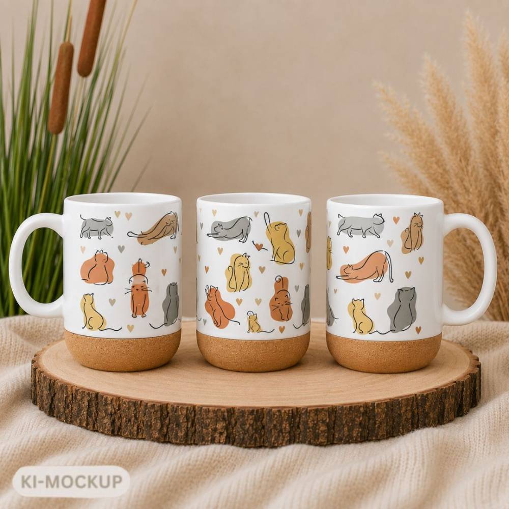 Tasse mit Katzenmotiv & Korkboden | Keramikbecher Katzen