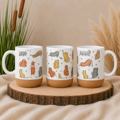 Tasse mit Korkboden & Deckel – Keramikbecher 300 ml | Geschenkidee Kaffee & Tee, stilvoll | Katzen cat catmom
