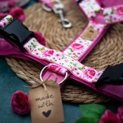 Hundegeschirr GRETCHEN Rosenmuster – florales Hundegeschirr in Weiß und Pink mit romantischem Landhaus-Charme