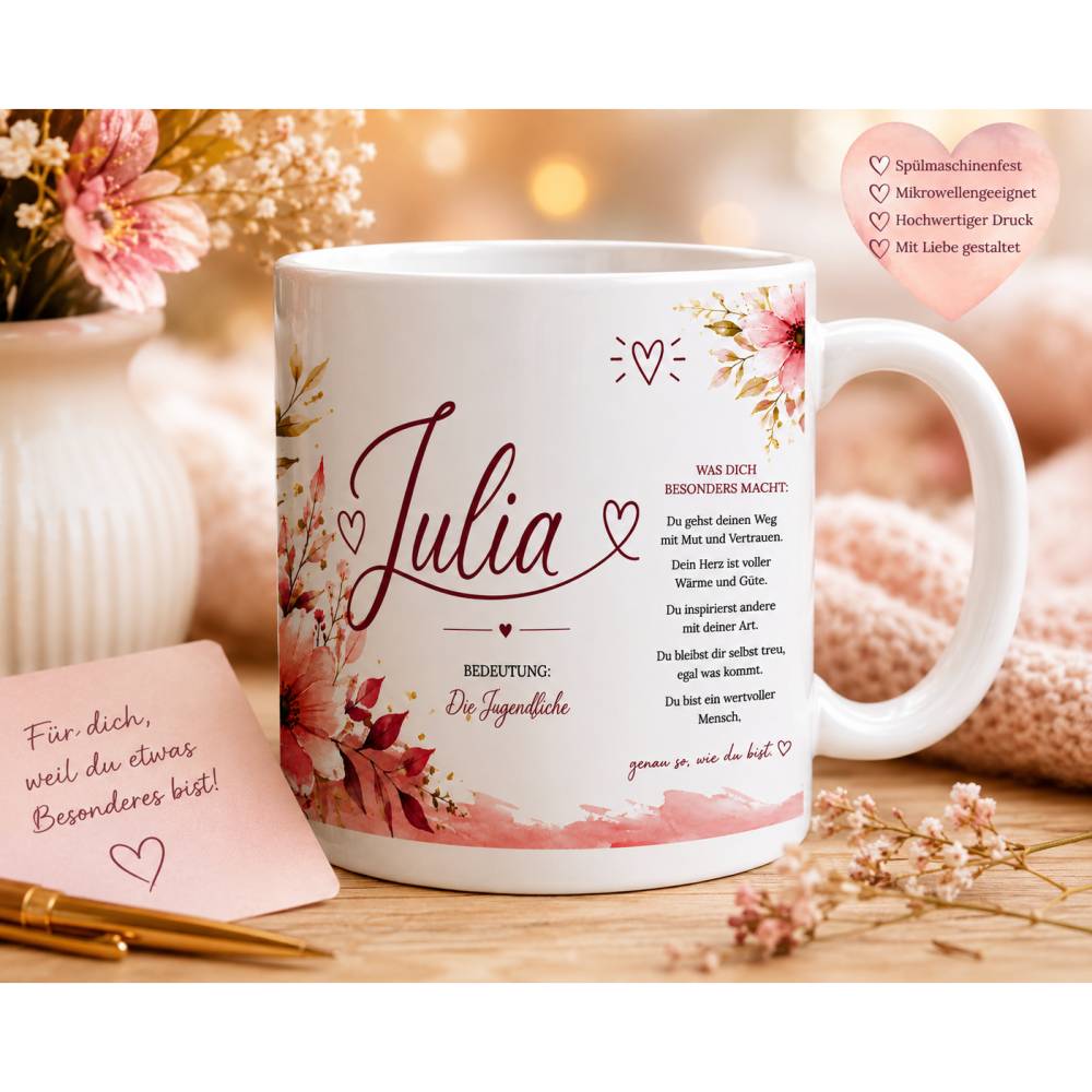 Personalisierte Tasse mit Wunschnamen und Namensbedeutung Julia Geschenk für Frauen