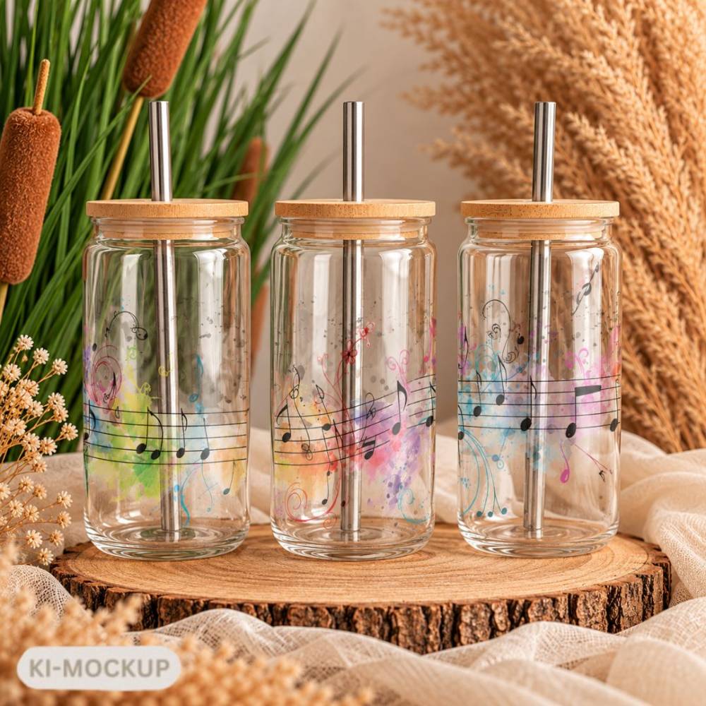 Trinkglas mit Musiknoten 550 ml | Glas mit Bambusdeckel & Metallstrohhalm