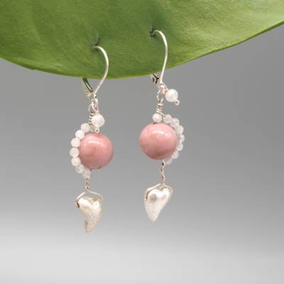 Rhodonit & Mondstein Ohrringe, 925 Silber, rosa Edelstein Ohrhänger mit Herz