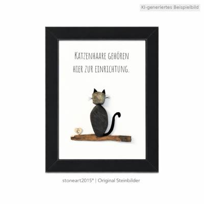 Kieselsteinbild „Katzenhaare gehören hier zur Einrichtung" – Steinbild Katze – Geschenk für Katzenliebhaber