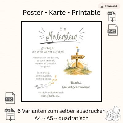 Glückwunsch zum Abschluss Meilenstein Spruch – 6 digitale Dateien (A4, A5, Quadratisch) – PDF & PNG zum Selbstausdrucken