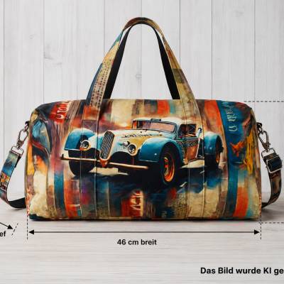 Handgefertigte Reisetasche / Weekender aus Canvas – Sporttasche mit Retro-Auto-Design und verstellbarem Schultergurt