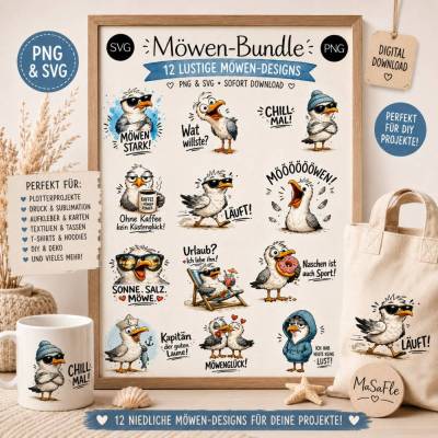Möwen Bundle SVG PNG | 12 lustige maritime Plotterdateien | Küsten Möwe Sprüche | Cricut Silhouette Laser Datei Download