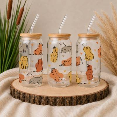 Trinkglas mit Bambusdeckel & Glasstrohhalm | 500 ml | UV-DTF Druck | Geschenkidee | Katzen Katzenliebhaber catmom