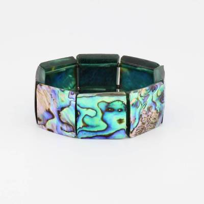 Breiter Stretch Armreifen aus Kunststoff mit Eckige Paua Shell Abalone Steine - Vintage Armschmuck 80er Jahre