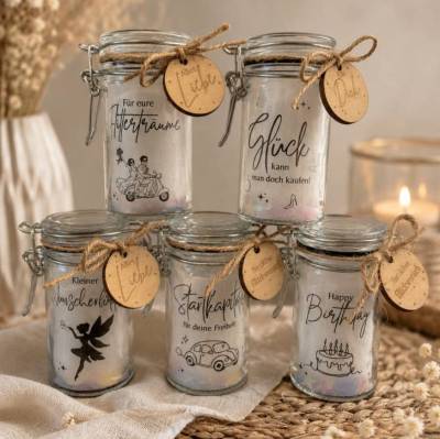 Geldgeschenk im Glas mit Licht | Einweckglas für Geldgeschenke | Hochzeit, Geburtstag, Führerschein | Wunscherfüller