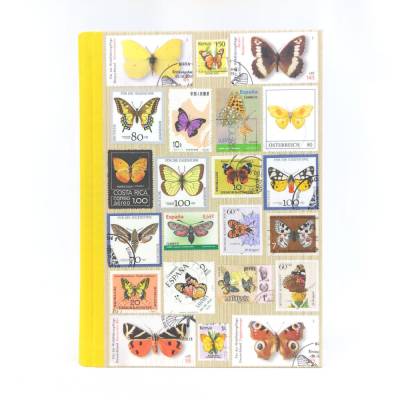 Notizbuch, Schmetterlinge, Falter, DIN A5, 280 Seiten, gelb, Briefmarken Upcycling