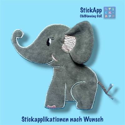 Elefant mit Wackelohr Stickapplikation – verschiedene Größen – Wunschfarben – Zum Aufbügeln oder Aufnähen