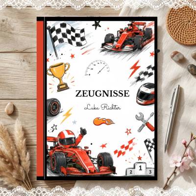 Süße Zeugnismappe für Jungs | Personalisiert | Rennwagen - Motiv | Einschulung & Schulanfang Geschenk | 26-105
