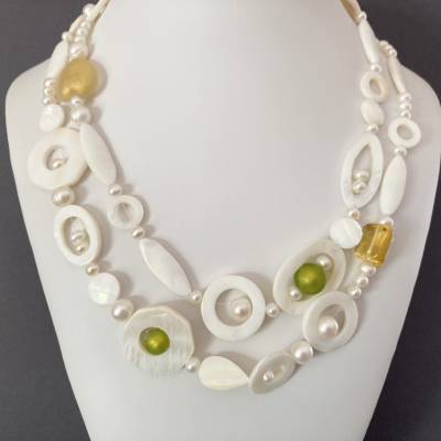 Exklusive Perlmuttkette mit Zuchtperlen und Glas (ital.) mit Blattgold, 113 cm lang, Perlmutt Halskette, Geschenk Frau