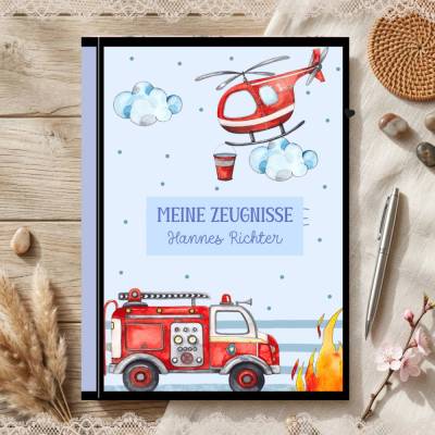Süße Zeugnismappe für Jungs | Personalisiert | Feuerwehr - Motiv | Einschulung & Schulanfang Geschenk | 26-31