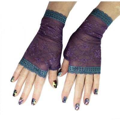 Damen Handschuhe fingerlos "violet dreams" | handgefertigt aus lila Spitze + Bogenkante türkis | vintage boho Sommer