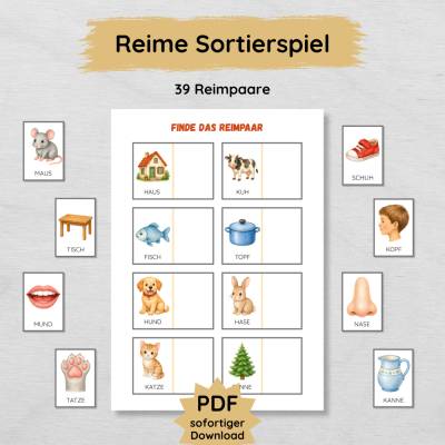 Reime Sortierspiel für Kinder zum Ausdrucken mit 39 Reimpaaren | Sprachförderung Vorschule & Kindergarten