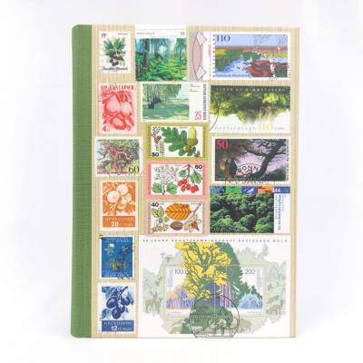 Notizbuch, Bäume, Sräucher, DIN A5, 280 Seiten, grün, Briefmarken Upcycling, Unikat