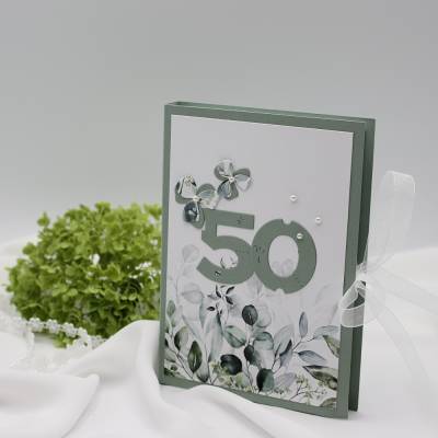 Handgefertigte Glückwunschkarte mit Geldfach | Geldgeschenkkarte Eukalyptus | Gutscheinverpackung 50. Geburtstag