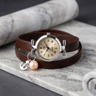 Wickeluhr aus echt Leder mit Zuchtperle & Schnallenverschluss – Vintage Armbanduhr