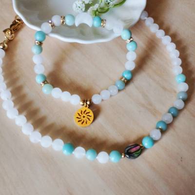 Edelstein Schmuckset Collier und Armband aus Amazonit und Jade, Geschenk für Sie