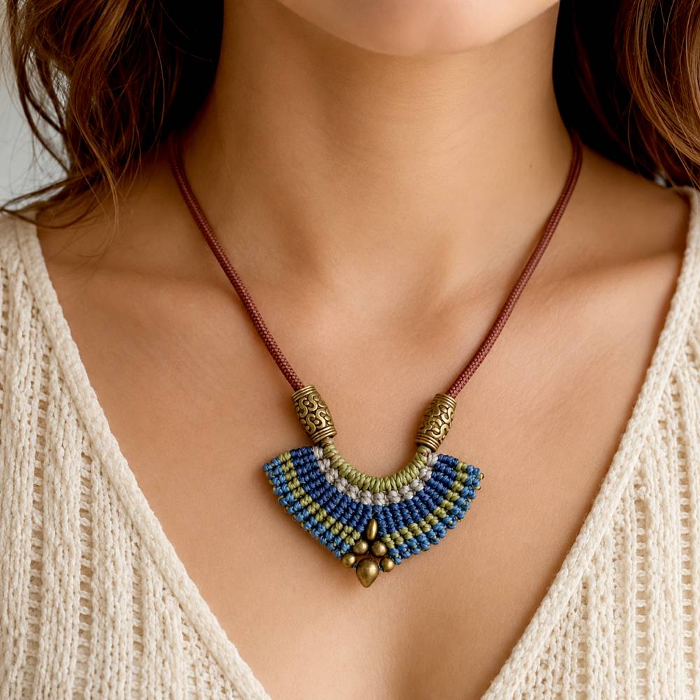Makramee Kette in blau und grün mit bronzefarbenen Metallperlen an einem braunen Nylonband Bild 1