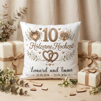 Hölzerne Hochzeit Kissen personalisiert – Geschenk zum 10. Hochzeitstag mit Namen